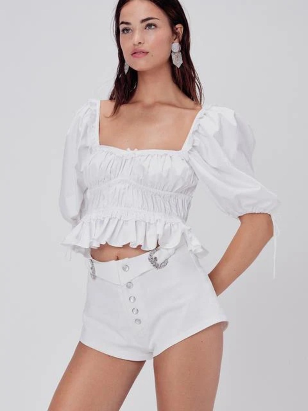 For Love & Lemons White Puff Sleeve Smocked Ruffle Crop Top size Small NWT